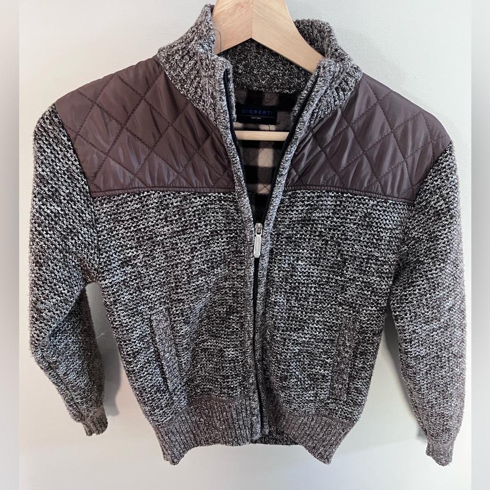 Gioberti Kids Marled Knit Full Zip Cardigan Sweater Quilted Shoulder Brown Gray